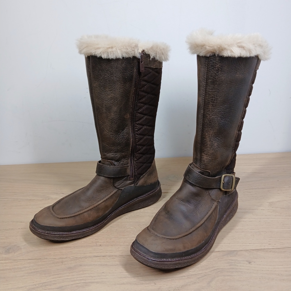 Merrell Boots Women 7.5 Brown Leather Tall Faux Fur Warm Winter Insulated 1293 - Picture 2 of 14